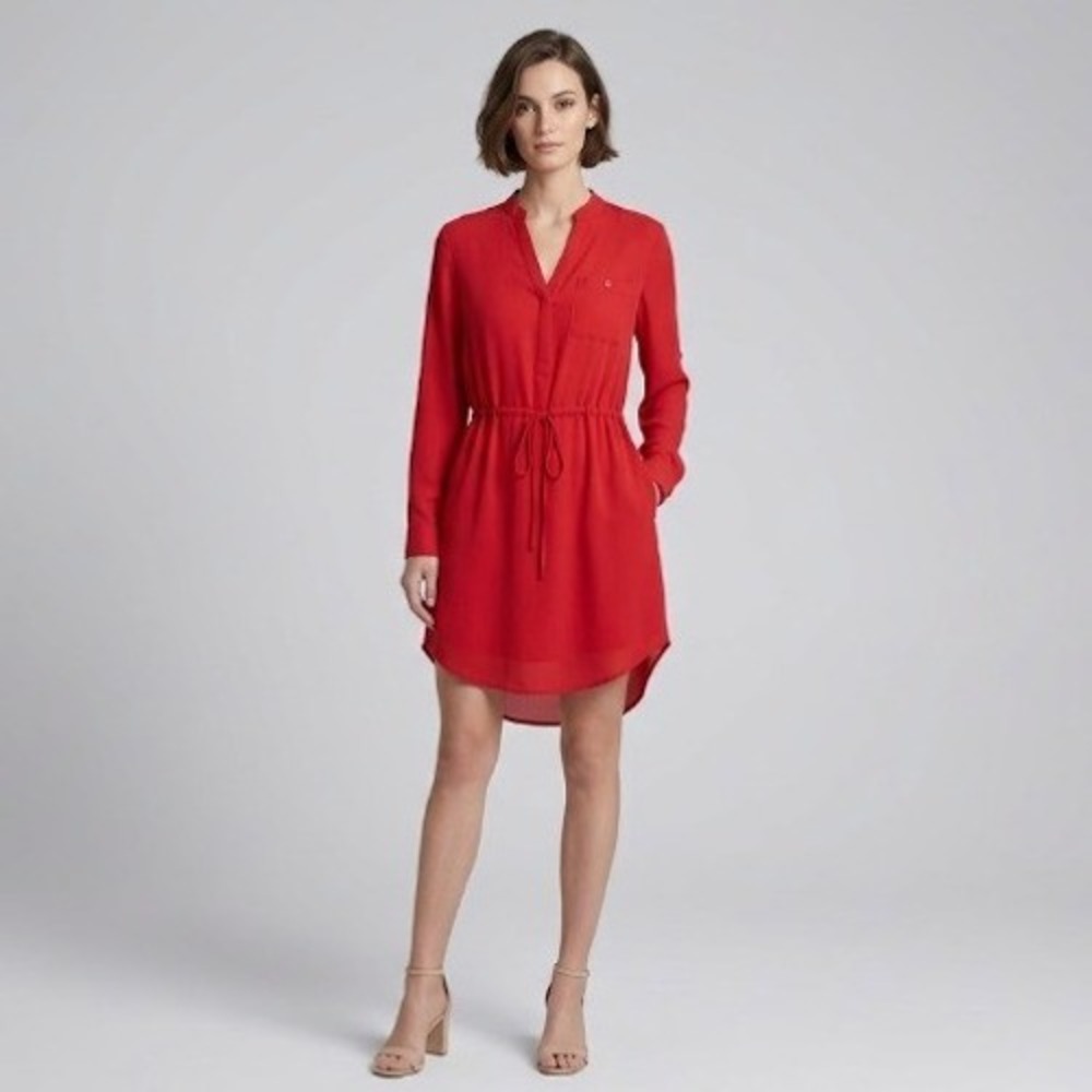 Naked Zebra Red Chiffon Tunic Dress V-Neck Drawstring Waist Roll Tab Small